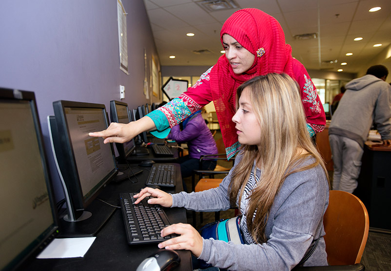 An advisor helping a student at a computer