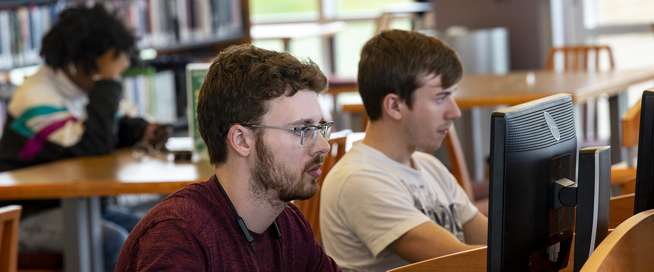 Students working at computers in the college library