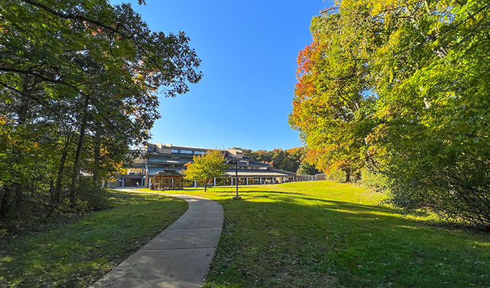 Campus walkway leading to a building surrounded by trees on a clear day.
