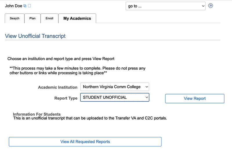 View an Unofficial Transcript Northern Virginia Community College